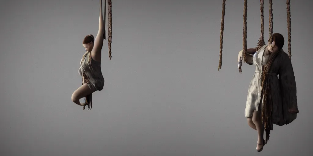 Prompt: a highly detailed photographic render of a woman hanging from a noose, horror, beautifully lit, ray traced, octane 3D render, octane render, unreal engine