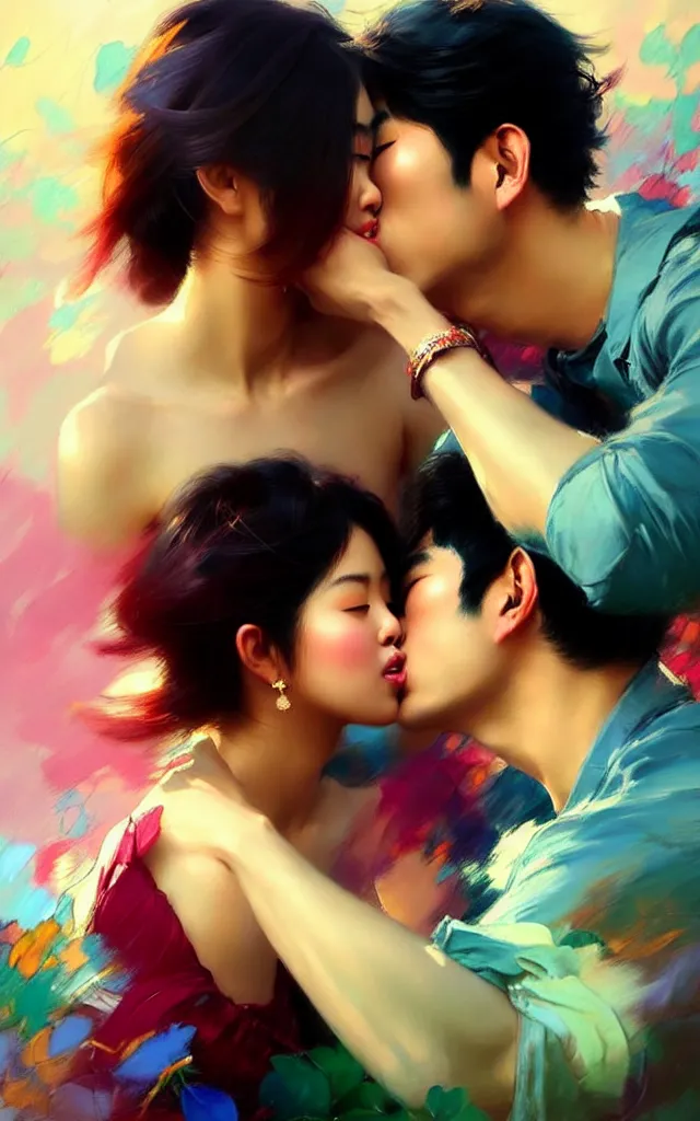 Image similar to photography of asian couples kissing each other, deep focus, volumetric light, colourful, sharp, detailed, digital painting by rolf armstrong, jeremy lipkin and michael garmash, rob rey and kentaro miura style, pinterest behance top picks