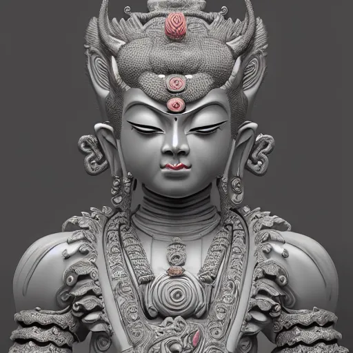 Image similar to naraka buddhist demon korean female, highly detailed, symmetrical long head, smooth marble surfaces, detailed ink illustration, raiden metal gear, cinematic smooth stone, deep aesthetic, concept art, post process, 4 k, carved marble texture and silk cloth, latex skin, highly ornate intricate details, in the style of 8 8 grzes