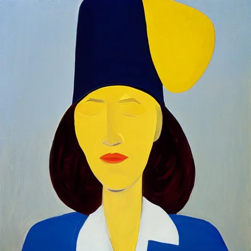 Image similar to woman with hat, by Alex Katz, colorful, yellow background, oil on canvas