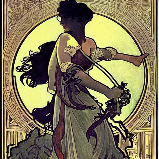 Image similar to battle angel, painted by alphonse mucha