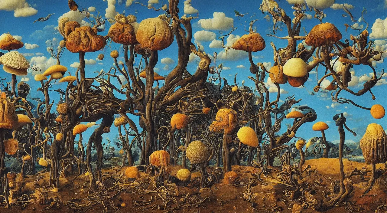Prompt: a single surreal fungus clear! empty! sky, a high contrast!! ultradetailed photorealistic painting by jan van eyck, audubon, rene magritte, agnes pelton, max ernst, walton ford, andreas achenbach, ernst haeckel, hard lighting, masterpiece