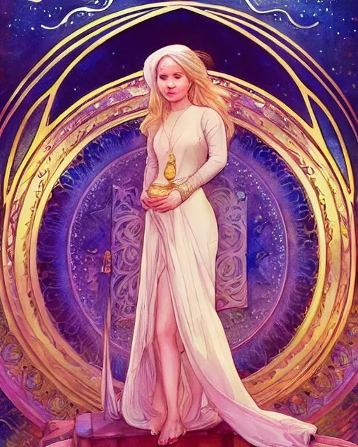 Image similar to jennifer lawrence in front of an big open quran highly detailed, gold filigree, romantic storybook fantasy, soft cinematic lighting, award, disney concept art watercolor illustration by mandy jurgens and alphonse mucha and alena aenami, pastel color palette, featured on artstation