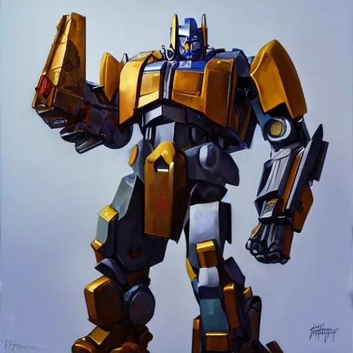 Image similar to greg manchess portrait painting of armored optimus prime as overwatch character, medium shot, asymmetrical, profile picture, organic painting, sunny day, matte painting, bold shapes, hard edges, street art, trending on artstation, by huang guangjian and gil elvgren and sachin teng