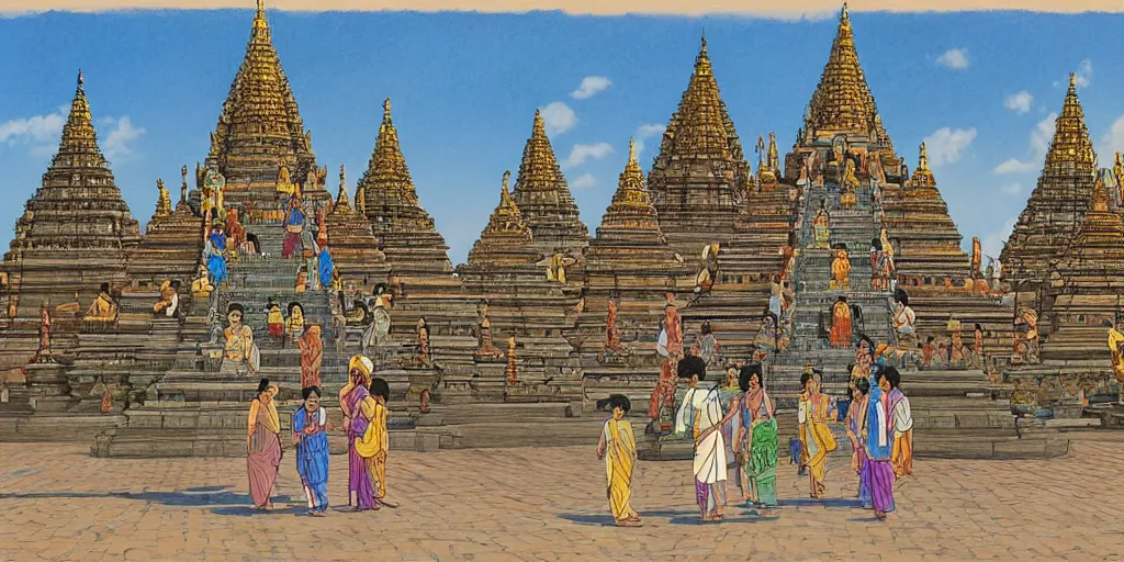 Image similar to jaffna kovil in sri lanka, drawn by hayao miyazaki