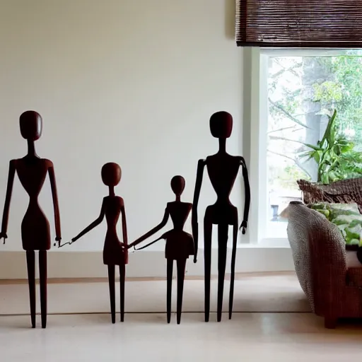 Image similar to a real estate home interior photo. a wooden mannequin family,