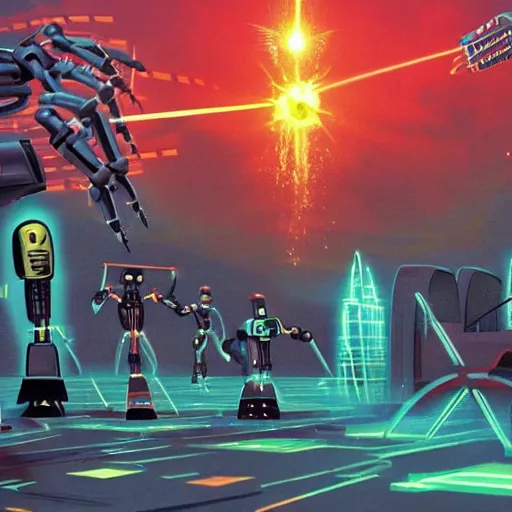 Prompt: ancient occult robots destroying a post dystopian civilization with lasers