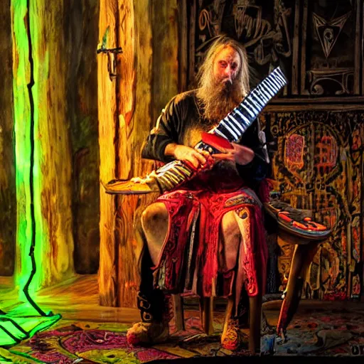 Image similar to Varg Virkenes as crazy bard, playing the nyckelharpa in his beautiful house, hyper detailed, hyper realistic, flavour of magick, full of earthly colours with some neon accents