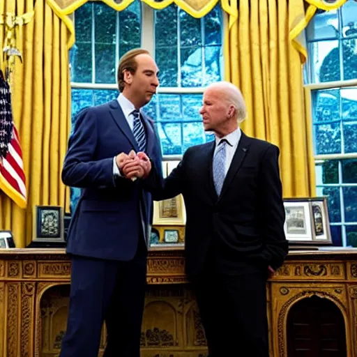 Prompt: Saul Goodman from 'Better Call Saul! shaking hands with Joe Biden in the oval office