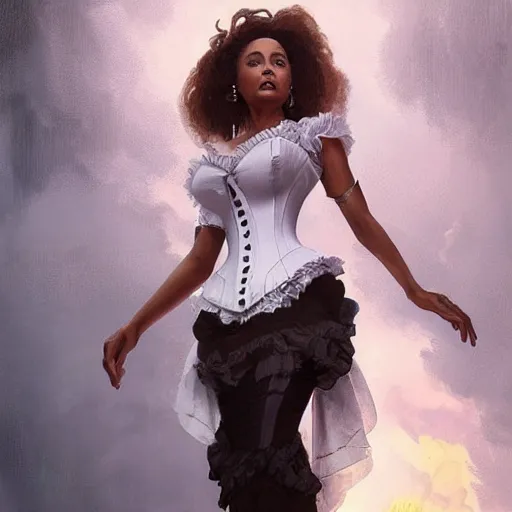 Image similar to cute black nancy pelosi wearing a white corset dress, fantasy, intricate, highly detailed, digital painting, artstation, concept art, wallpaper, smooth, sharp focus, illustration, art by artgerm and greg rutkowski and alphonse mucha