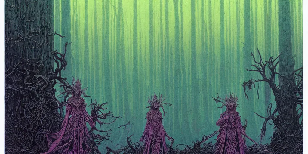 Prompt: grainy risograph matte painting of dark bejeweled huge botanical macabre paladin, atmospheric, densed foggy forest, omnious, epic composition, by moebius, hyperrealism, intricate detailed