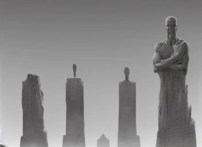 Prompt: matte painting of omniscient tall statues of gods towering above a lone individual, by zdzislaw beksinski, by dariusz zawadzki, by wayne barlowe, gothic, surrealism, cosmic horror, lovecraftian, cold hue's, warm tone gradient background, concept art, beautiful composition