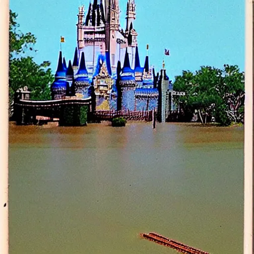 Prompt: a postcard of disneyworld in 2100 that shows the magic kingdom castle flooded with weeds growing and air boat tour through flooded structures