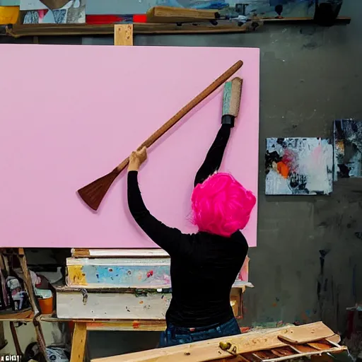 Prompt: surreal - a female artist (wearing pink hair and wearing black beret) swinging an ax with mad anger to cut a painting canvas in as paint flies throughout a dirty, dark art studio with paint cans on the floor and a computer in the corner