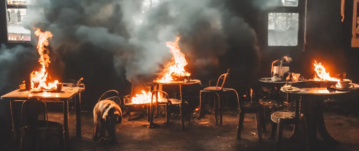 Image similar to a photograph of a big fire on a dining room on fire, only remains a wooden table and a chair (no fire at all there), an human-like relaxed dog sitting at this table, ☕ on the table, surrounded by flames, a lot of flames behind the dog, black smoke instead of the ceiling, no watermark