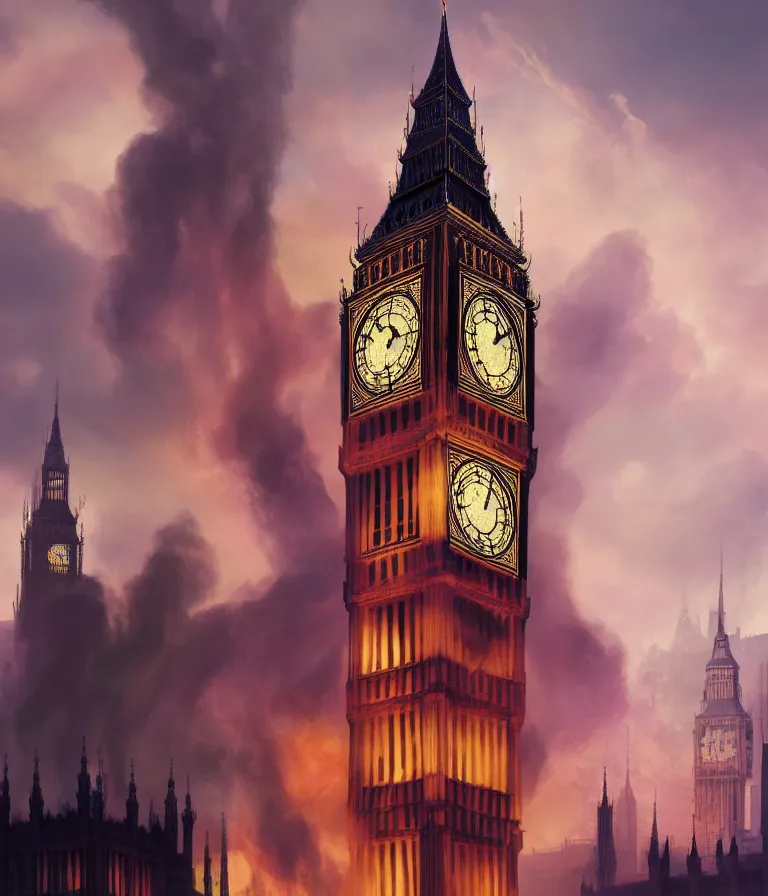 Image similar to a beautiful hyperrealistic detailed 3D render of big ben burning, by Anton Otto Fischer, Atey Ghailan, genzoman, unreal engine, octane render, gigantic, 3D, brilliantly coloured, intricate, ultra wide angle, trending on artstation, embers, smoke, dust, dusk, volumetric lighting, HDR, polished, micro details, ray tracing, 8k