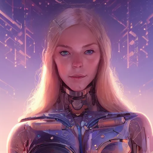 Image similar to highly detailed closeup portrait of a beautiful blonde female cyborg, in disney, stephen bliss, unreal engine, art by greg rutkowski, loish, rhads, ferdinand knab, makoto shinkai and lois van baarle, ilya kuvshinov, rossdraws, tom bagshaw, global illumination, radiant light, detailed and intricate environment