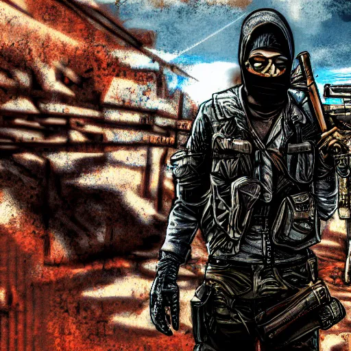 Image similar to Post apocalyptic vigilante, hd, intricate, grunge, desert punk, 8k, digital art