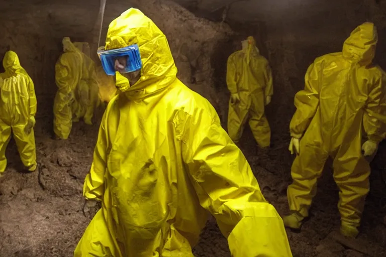 Image similar to a man in a yellow hazmat suit looks on helplessly as an inter-dimensional meat monster grows out of control in a creepy underground lab