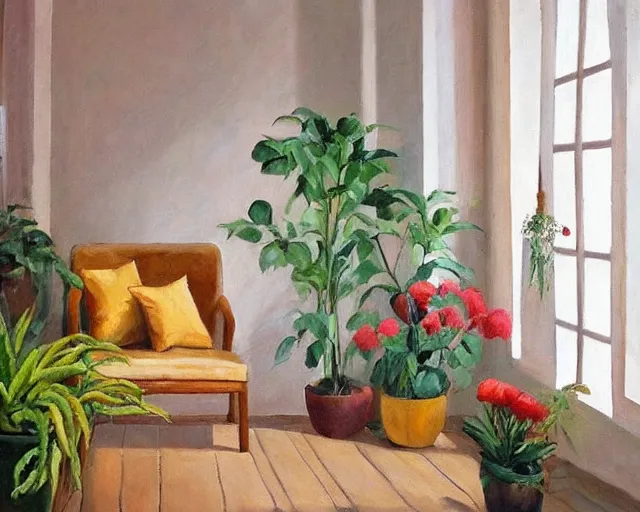 Image similar to A warm painting of a room interior, calm, relaxing, cosy, warm light, warm color scheme, houseplants, fresh flowers, oil on canvas