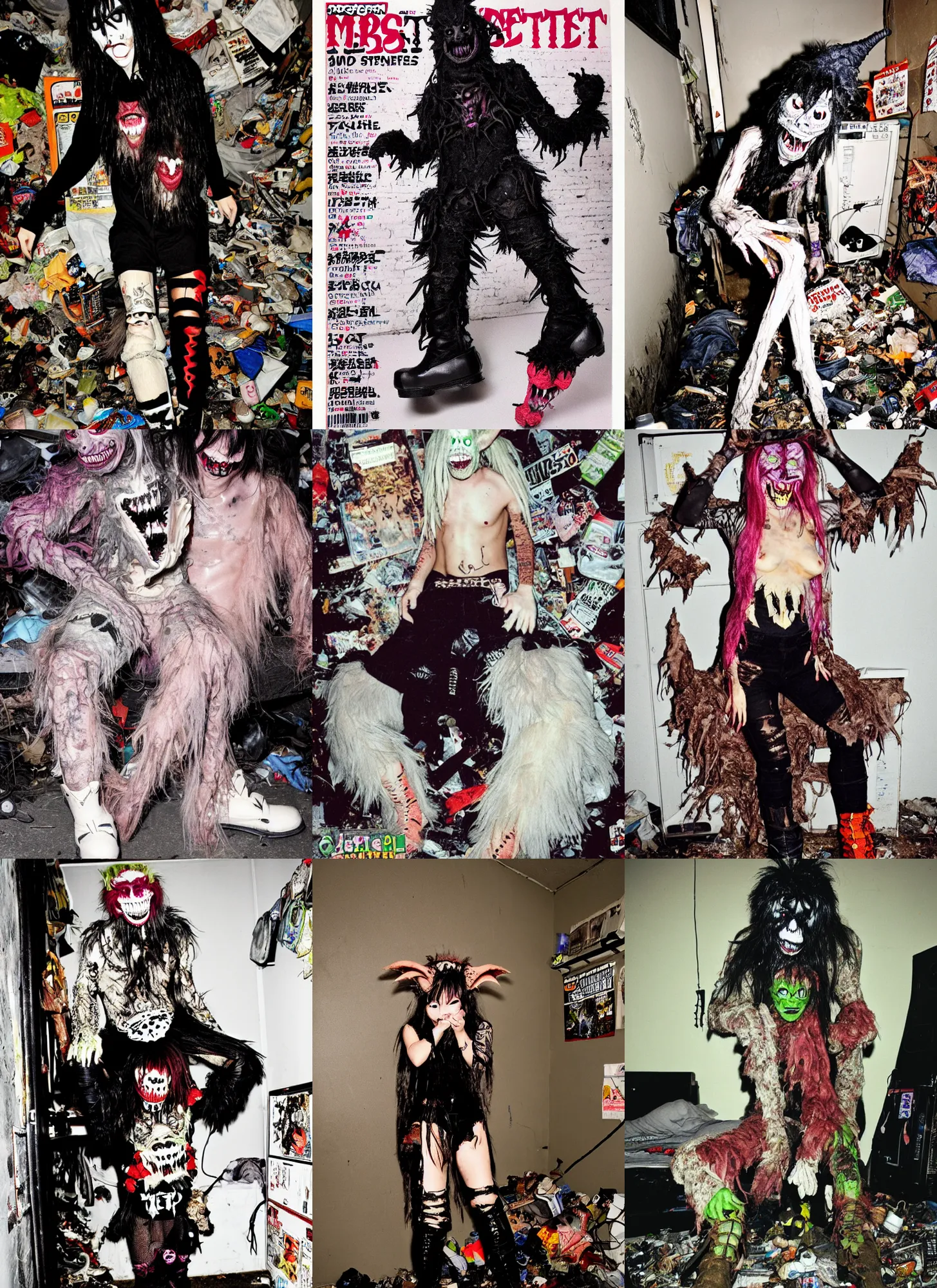 Image similar to photo of lace monster goblin wearing ripped up dirty Swear kiss monster teeth yeti platform boots in the style of Ryan Trecartin in the style of 1990's FRUiTS magazine 20471120 in japan in a dirty dark dark dark poorly lit bedroom full of trash and garbage server racks and cables everywhere in the style of Juergen Teller in the style of Shoichi Aoki, japanese street fashion, KEROUAC magazine, Walter Van Beirendonck W&LT 1990's, Vivienne Westwood, y2K aesthetic