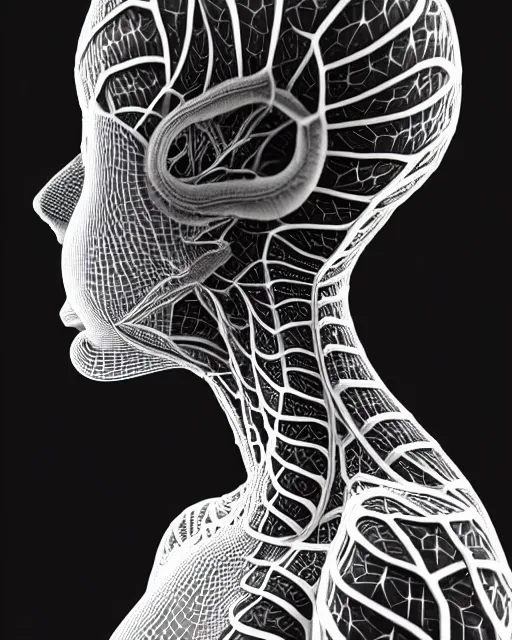 Prompt: a contrasted black and white 3D render of a beautiful female vegetal-dragon-cyborg, 150 mm, orchid stems, ivy, fine lace, Mandelbrot fractal, anatomical, flesh, facial muscles, microchip, veins, arteries, full frame, microscopic, elegant, highly detailed, flesh ornate, elegant, high fashion, rim light, octane render, 8K