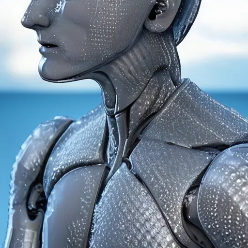 Image similar to made of ice, a realistic detailed photo of a guy who is an attractive humanoid who is half robot and half humanoid, who is a male android, on display, blank stare, showing off his muscles, shiny skin, posing like a statue, by the pool, frozen ice statue, f 1 driver max verstappen, humanoid robot