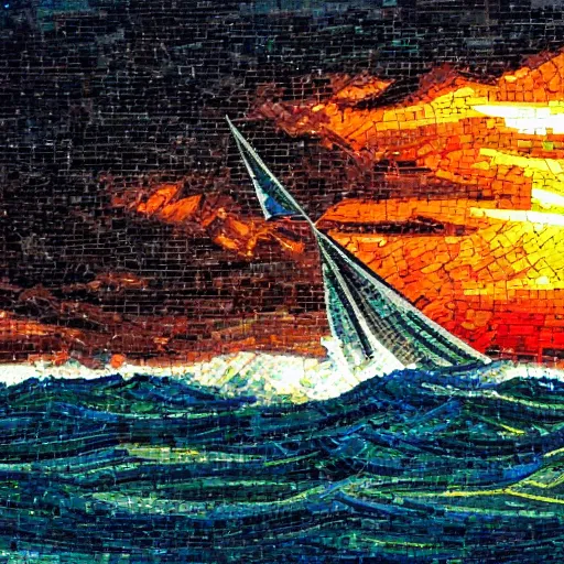 Prompt: sailing boat in storm, dramatic sunrise, huge waves, mosaic,