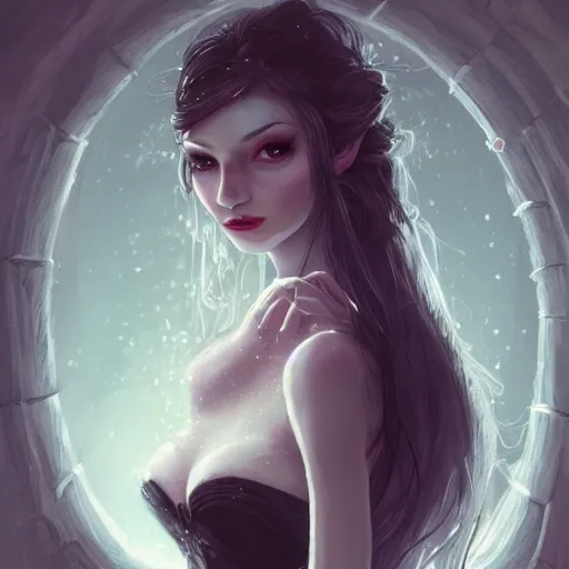 Image similar to beautiful girl, whimsical portrait, ice magic, dark hair, dark robe, intricate, elegant, highly detailed, cgsociety, trending on artstation, dnd, castle background, warm light, concept art, illustration