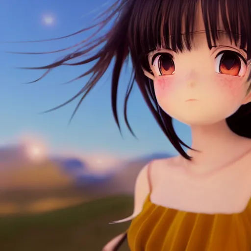 Prompt: Render of a very beautiful 3d anime girl, long hair, hazel eyes, cute freckles, full round face, short smile, cute sundress, golden hour, snowy hills setting, medium shot, mid-shot, highly detailed, trending on Artstation, Unreal Engine 4k