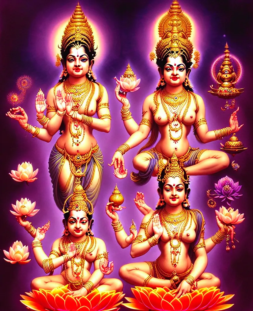 Image similar to beautiful hindu goddess lakshmi fantasy character portrait, four hands, standing on a lotus, single figure composition, full body, chubby, ultra realistic, intricate details, the fifth element artifacts, highly detailed by peter mohrbacher, hajime sorayama, wayne barlowe, boris vallejo, aaron horkey, gaston bussiere, craig mullins