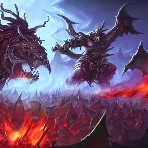 Image similar to chaos war, war theme, bloodbath battlefield background, fiery battle coloring, hearthstone art style, epic fantasy style art, fantasy epic digital art, epic fantasy card game art