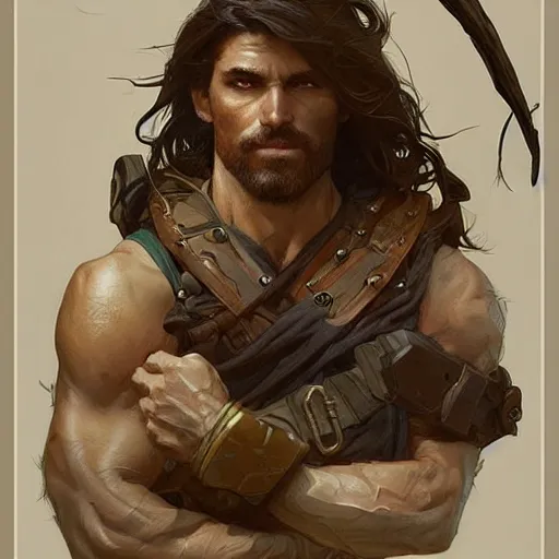 Image similar to portrait of rugged male ranger d & d muscular fantasy intricate elegant highly detailed digital painting artstation concept art smooth sharp focus illustration art by artgerm and greg rutkowski and alphonse mucha