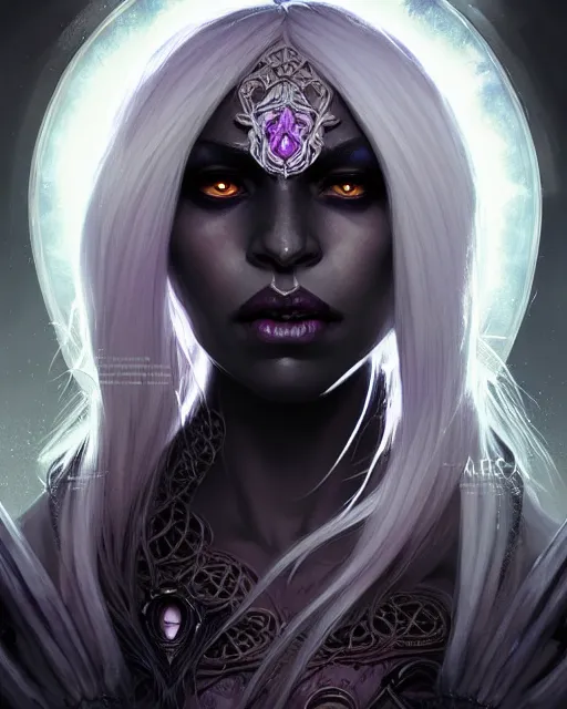 Prompt: portrait of a female drow necromancer, hd, illustration, epic, d & d, fantasy, intricate, elegant, highly detailed, digital painting, artstation, concept art, smooth, sharp focus, illustration, art by artgerm and greg rutkowski and alphonse mucha, monster hunter illustrations art book