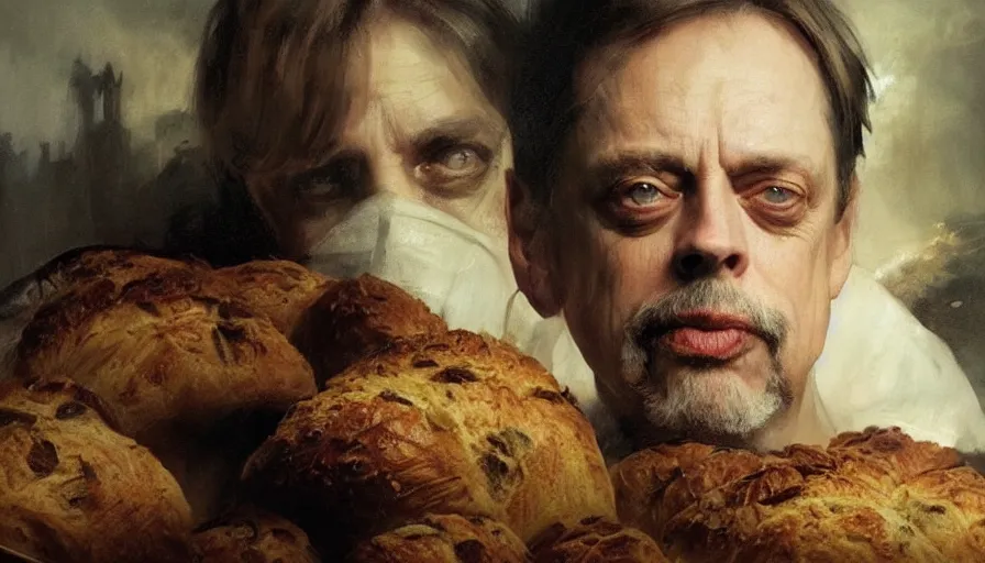 Image similar to beautiful portrait of steve buscemi as a load of bread, art by anders zorn, wonderful masterpiece by greg rutkowski, beautiful cinematic light, american romanticism thomas lawrence, greg rutkowski