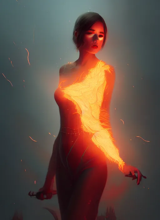 Image similar to satan daughter, wearing, outfit, clothes, full body, fire, hell, lightning, pyromancer, intricate, elegant, highly detailed, digital painting, artstation, concept art, smooth, sharp focus, illustration, ethereal, misty, by ilya kuvshinov and jeremy mann, 8 k, octane render