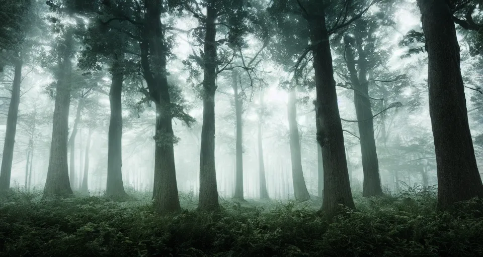 Image similar to a magical forest, thick fog, dark, fireflies flying and glowing, big trees, epic lighting, cinematic 4K