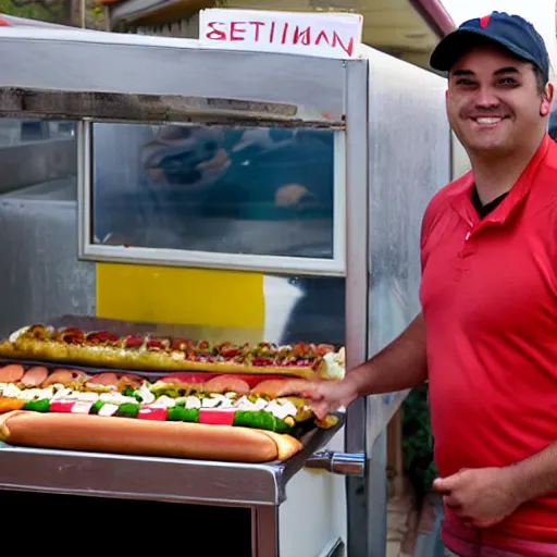 Image similar to a hotdog salesman