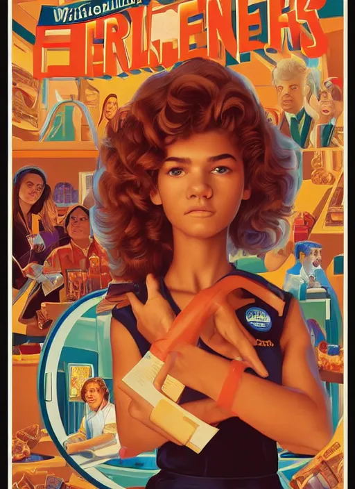 Image similar to poster artwork by michael whelan and laurent durieux, portrait of a high school student zendaya!!!!! wearing rr diner uniform working at the local diner, confectioner in a pastry shop, full length shot, shining, from scene from twin peaks, clean