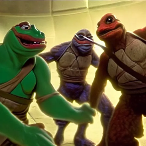 Prompt: jar jar Binks fighting the teenage mutant ninja turtles