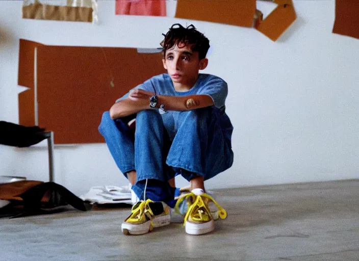 Prompt: First Official image from Cardboard, new drama film directed by Spike Jonze starring Moises Arias as a Philadelphia b-boy in 1990, shot on Kodak Vision 200T, stunning cinematography, light diffusion, film grain, 8k print.