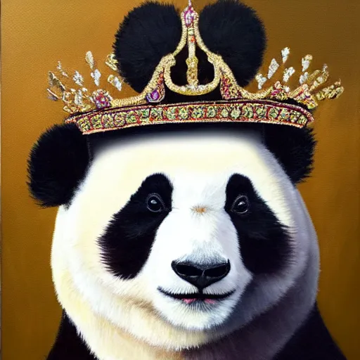 Prompt: an oil painting of a panda wearing royal robes and a royal crown on a dark background