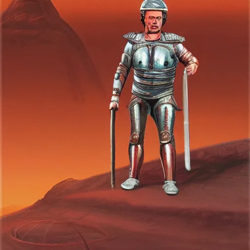 Image similar to roman gladiator, on mars, expanse in background, pulp science fiction illustration