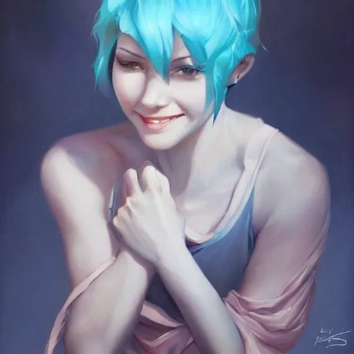 Prompt: a beautiful painting of a smiling woman with stylish short blue hair representative of the art style of artgerm and wlop and peter mohrbacher