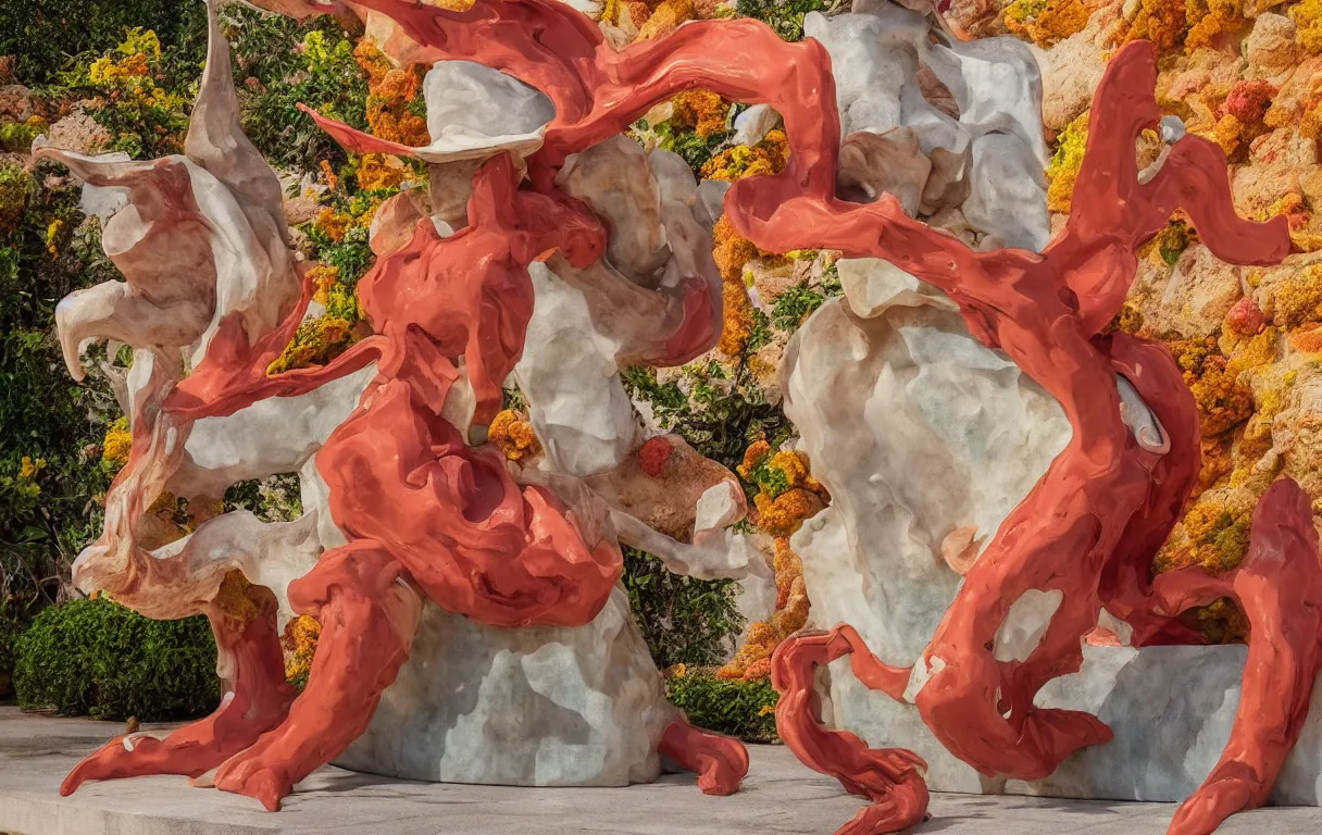 Image similar to a cowboy turning into blooms by slim aarons, by zhang kechun, by lynda benglis. tropical sea slugs, angular sharp tractor tires. complementary colors. warm soft volumetric dramatic light. national geographic. 8 k, rendered in octane, smooth gradients. sculpture by antonio canova. red accents.