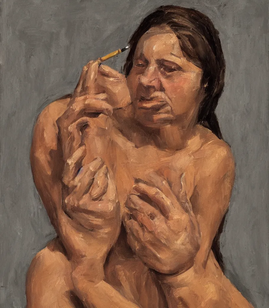 Image similar to the face and shoulders of a young woman without shirt in the style of lucian freud. smoking a cigarette. one hand is reaching behind he head. face has many wrinkles, cuts and character. he is looking down. oil painting, thick brush strokes. shadows. clean gray brown background. lit by a single light from above his head. perspective from below. 5 0 mm