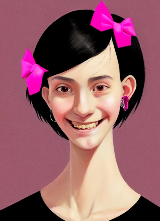 Image similar to portrait of high school girl, realistic, black hair, bangs, half updo hairstyle, pointy nose, skinny, smile, ugly, defined jawline, big chin, pink hair bow, earrings, intricate, elegant, glowing lights, highly detailed, digital painting, artstation, sharp focus, illustration, art by wlop, mars ravelo and greg rutkowski