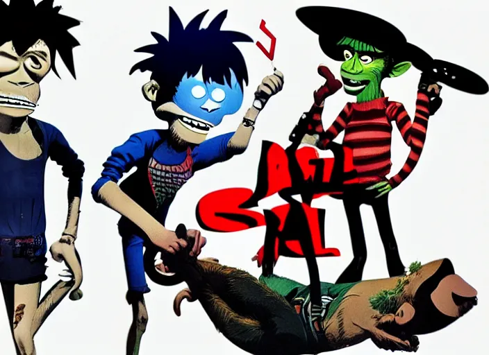 Image similar to gorillaz, official art by jamie hewlett, press shot, four characters in a line, gorillaz style