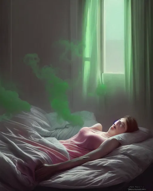 Prompt: a woman laying in bed at night [ looking ] at the ceiling, covered in blankets, green smoke!!!!! surreal concept art, lifelike, photorealistic, digital painting, aesthetic, smooth, sharp focus, artstation hd, artgerm and by greg rutkowski, bruce pennington, valentina remenar, rhads, asher duran,