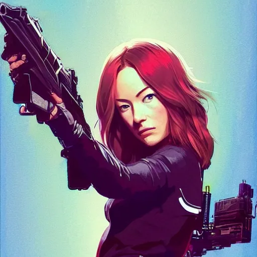 Image similar to olivia wilde holding a blaster, very very anime!!!, fine - face, realistic shaded perfect face, fine details. anime. realistic shaded lighting poster by ilya kuvshinov katsuhiro otomo ghost - in - the - shell, magali villeneuve, artgerm, jeremy lipkin and michael garmash and rob rey